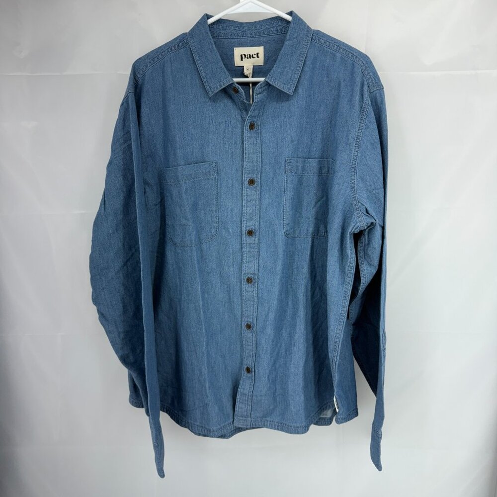 Pact Men XL Chambray Denim Button Down Shirt Long Sleeve Lightweight Cotton NEW